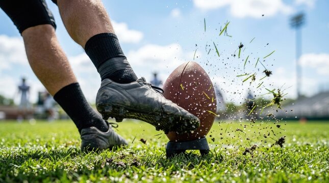 American football kicker shoe striking brown leather ball from tee, launching mud droplet on green field stadium grass during kickoff practice, demonstrating dynamic athletic power.