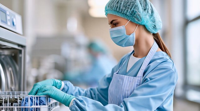 Hospital worker operating a medical instrument cleaning machine, sterile processing department, infection prevention, healthcare technology, surgical equipment maintenance,
