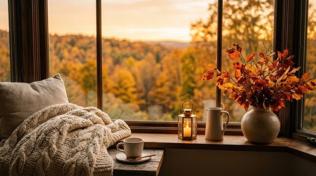 Warm autumn window view with rustic decor tea mug and soft blanket.
