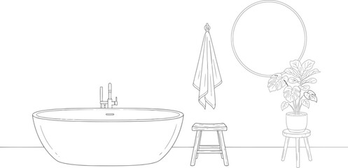 Obraz premium Modern bathroom interior sketch with a bathtub, a round mirror, a wooden stool, a towel hanging on the wall and a decorative houseplant in a pot on a small stand