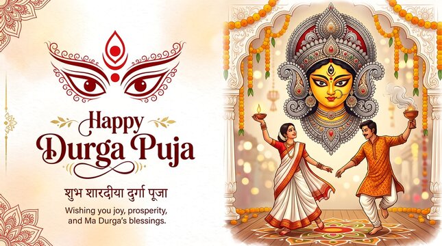  Artistic Durga Puja Greeting with Devi Face, Dhunuchi Dancer, and Alpona