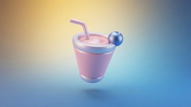3D render of a pink smoothie drink in a cup with a blue berry and straw icon