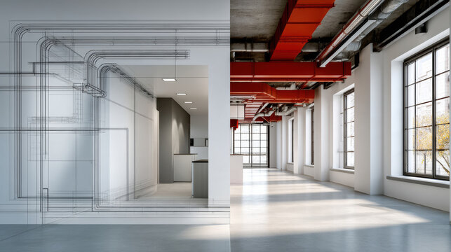 Modern industrial loft interior, architectural visualization, open space, large windows, exposed ceiling, sunlight