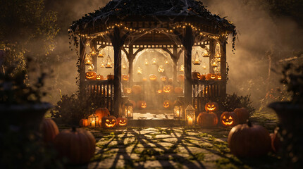 Fototapeta premium Wooden garden gazebo draped with cobwebs, filled with lit jack-o'-lanterns and hanging lanterns, fog surrounds magical Halloween night scenery.