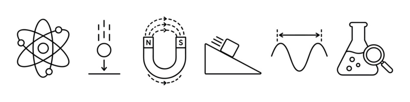 Physics and science education line icon set featuring an atom model, gravity concept, horseshoe magnet, inclined plane, wavelength measurement, and chemistry flask