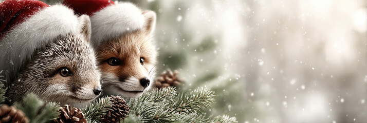 Fototapeta premium Arctic and red fox kits wearing festive santa hats, peeking from snowy evergreen branches with pinecones, creating a charming christmas holiday scene with copy space