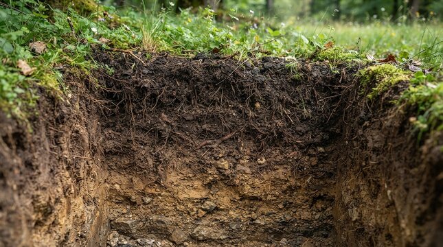 Healthy soil cross-section revealing rich organic matter and root structure in natural forest environment