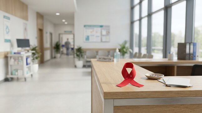 Red awareness ribbon displayed on hospital desk in medical office with copy space