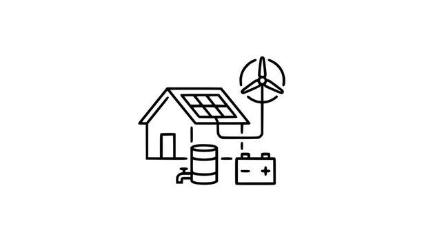 Off Grid Living Thin Line Icon with Solar Energy and Self Sufficient Home Vector