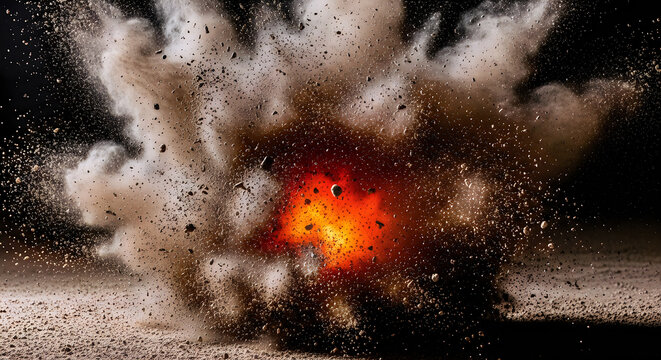 Powerful ground explosion with fire and flying debris on dark background creating dynamic motion and impact scene.