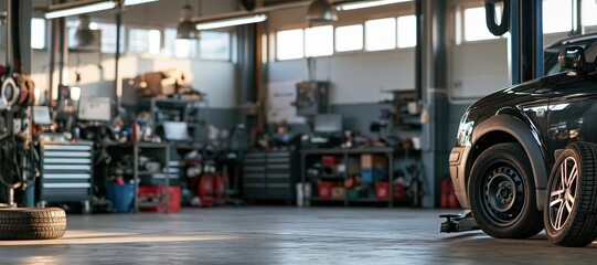Fototapeta premium Automotive workshop interior with vehicle and replacement tire near entrance