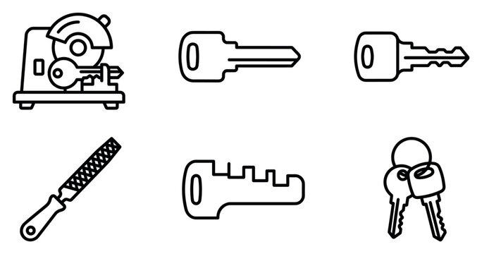 Key cutting machine and various keys with a metal file tool presented in a simple black outline style for locksmith services and security concepts