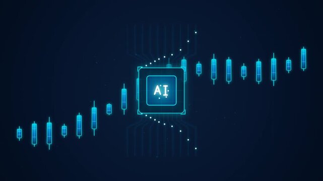 Digital artificial intelligence chip with futuristic glowing candlestick stock market charts on a dark background