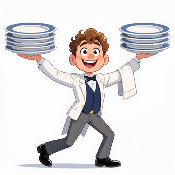 Cheerful young waiter with super long arms balancing giant plates on white background with effortless ease and a bright smile.