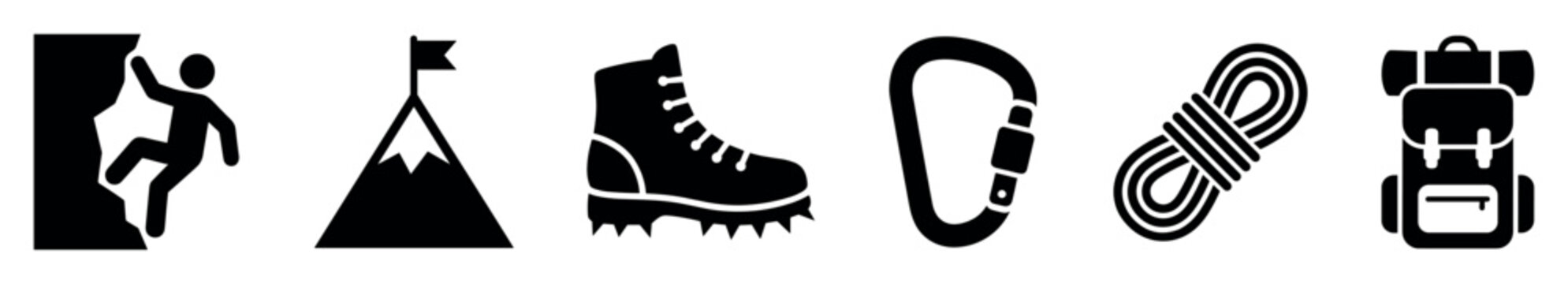 Rock climbing and mountaineering equipment icon set featuring a climber scaling a wall alongside essential outdoor adventure gear including a mountain peak hiking boot carabiner and backpack