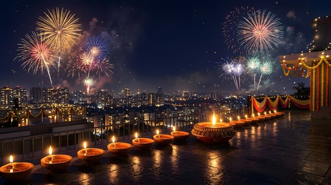 A breathtaking nighttime view of a city illuminated with vibrant fireworks and festive lights for a joyous diwali celebration
