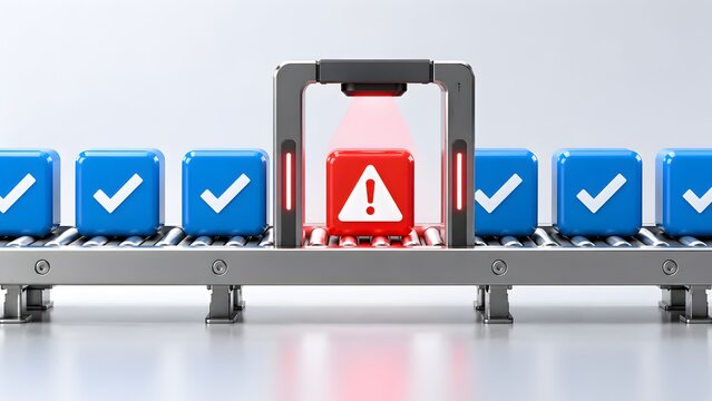 3D rendering of automated conveyor belt scanning system detecting red warning error block among blue checkmark cubes for quality control concept