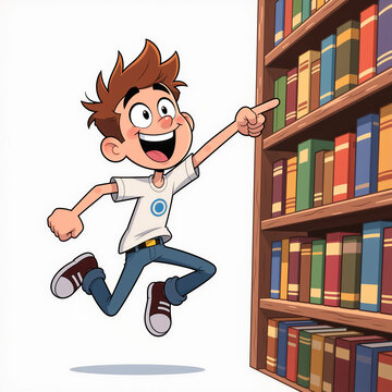 A crazy youthful librarian beams with manic joy, jumping and shouting while pointing at a giant shelf behind him on a light white background.