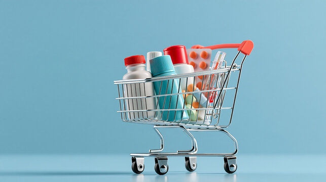 Minimalist healthcare shopping composition featuring a small cart, medicine bottles, tablets, thermometer and medical supplies, pharmacy e-commerce, healthcare retail, clean