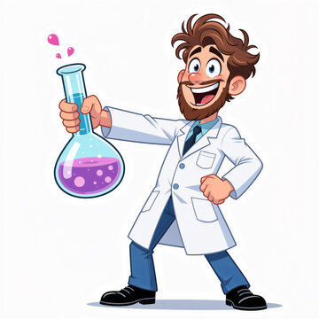 Crazy young scientist with test tube grins excitedly on white background.