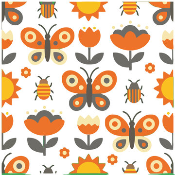 Seamless pattern of stylized butterflies, beetles, flowers and suns