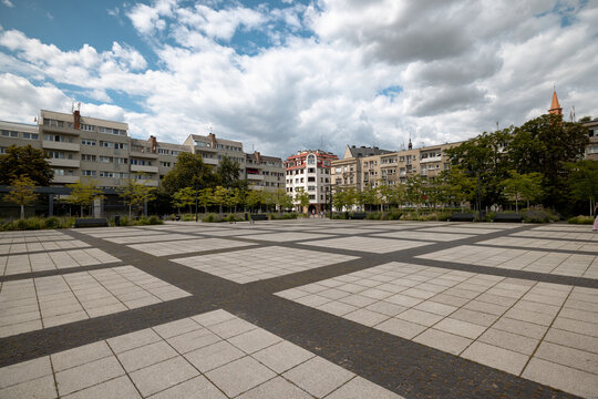 Wroclaw, Poland - July 10, 2026: Wroclaw City Hall administrative building at Plac Nowy Targ overlooks the landscaped public square in central Wroclaw.