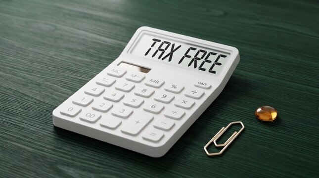 Tax free concept with calculator on green wooden background