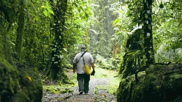 Hispanic man walking along a trail in a lush rainforest. Explorer on an adventure journey through a tropical jungle with rich green vegetation
