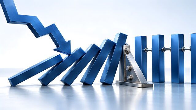3D rendering of falling blue graph arrow causing domino effect stopped by metal barrier for crisis management concept
