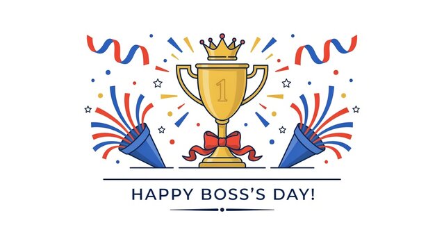 Happy Boss's Day greeting card, gold trophy cup with crown, corporate celebration and success concept
