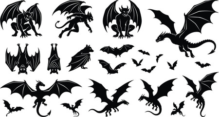 Obraz premium Gothic Dragon and Bat Silhouette Collection for Halloween Horror and Fantasy Designs