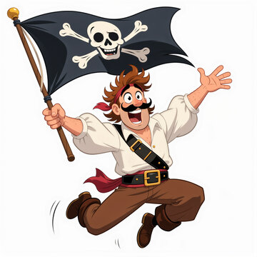 Surprised pirate guy with huge eyes and wild hair waves a giant flag on a white background.