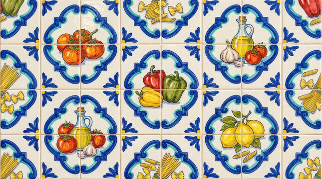 Seamless pattern of Mediterranean ceramic tiles with tomato, pepper, garlic, lemon, olive oil and pasta vintage majolica vector illustration