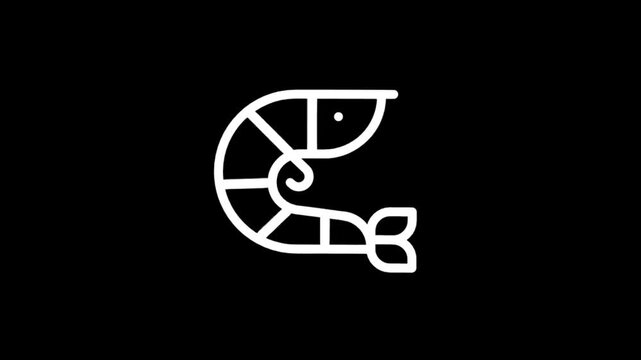 Animated white shrimp icon with segmented body and tail on black background