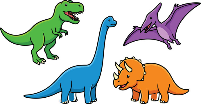 Cute cartoon prehistoric dinosaurs vector icon set featuring green tyrannosaurus rex blue brachiosaurus orange triceratops and purple flying pterodactyl
