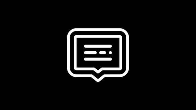 Animated speech bubble icon with text lines and dots on black background