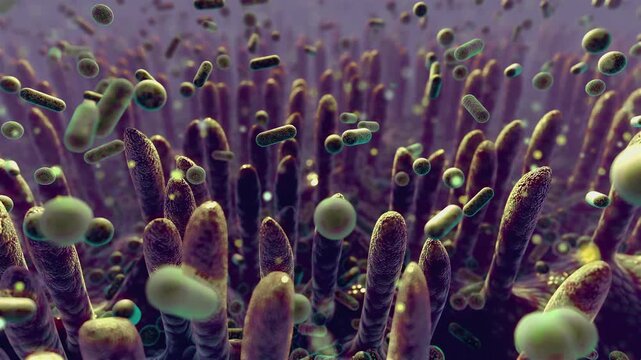 4k microscopic villi and diverse floating gut microbiome bacteria. 