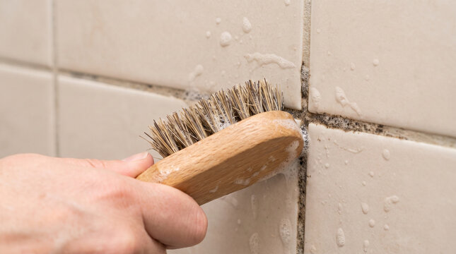 Person using grout cleaning brush on bathroom tiles  