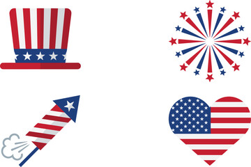 Obraz premium United States Independence Day vector icon set featuring Uncle Sam top hat bursting fireworks rocket and American flag patriotic heart shape