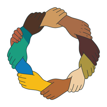 Diverse hands holding in a circle, symbolizing unity, teamwork, and global community