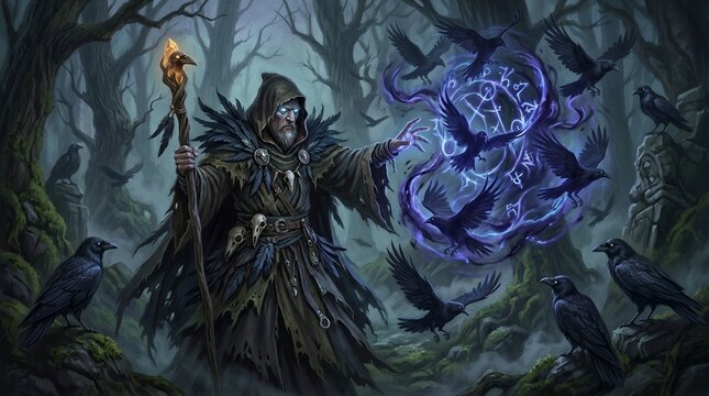 Hooded sorcerer casting dark magic amid raven filled grove