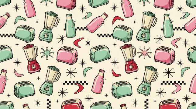 Retro seamless pattern with vintage blender, toaster and milk bottle pastel kitchen appliances fifties style vector illustration on cream background