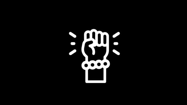 Animated white fist icon with radiating lines and bracelet on black background