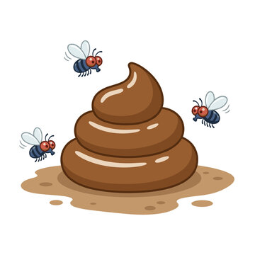 Cartoon poop emoji with three flies buzzing around a pile of excrement