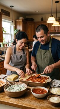 Man and woman assembling lasagna in a home kitchen by layering pasta sheets and tomato sauce in a baking dish. This collaborative cooking scene captures a couple preparing a homemade meal together.
