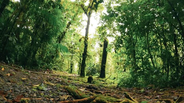 Point of view video of someone walking through a lush jungle in Costa Rica. Green scenery in a tropical rainforest with vibrant foliage