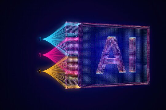 A glowing AI acronym formed by data points with neural network connections on a dark background. Machine learning and artificial intelligence technology concept.