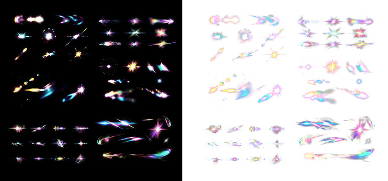 Abstract cosmic lens flare flashes and glowing light sparkles set for space exploration scenes sci-fi movie graphics and dynamic digital camera effect layouts.