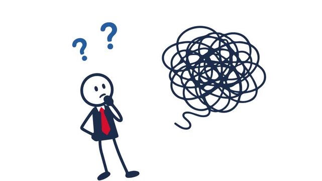 Confused Businessman Thinking Front of Tangled Messy Line Concept Vector Illustration, Problem Solving, Decision Making, Mental Stress, Complex Business Challenge, Strategy, and Confusion Symbol