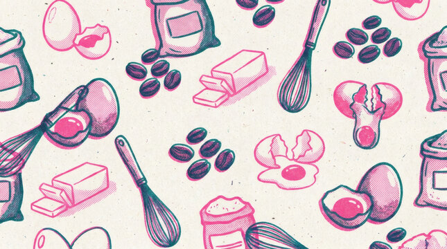 Seamless baking pattern with eggs, flour bag, butter, whisk and chocolate hand drawn sketch pastel vector illustration on cream background